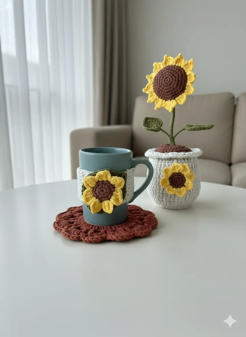 Örgü Ayçiçeği Desenli Kupa Bardak, Bardak Altlığı ve Saksı Seti