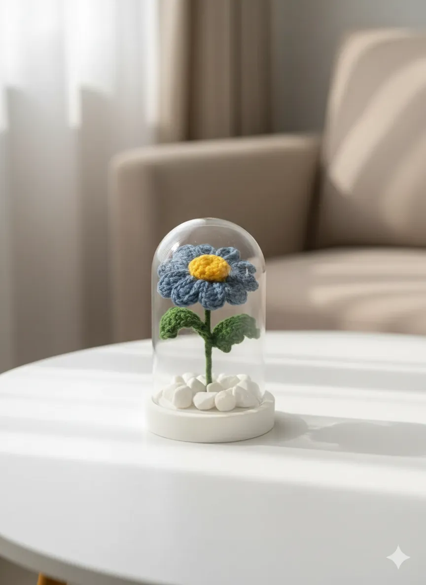 Örgü Mavi Papatya ve Yeşil Detaylı Mini Fanus Dekoratif Obje