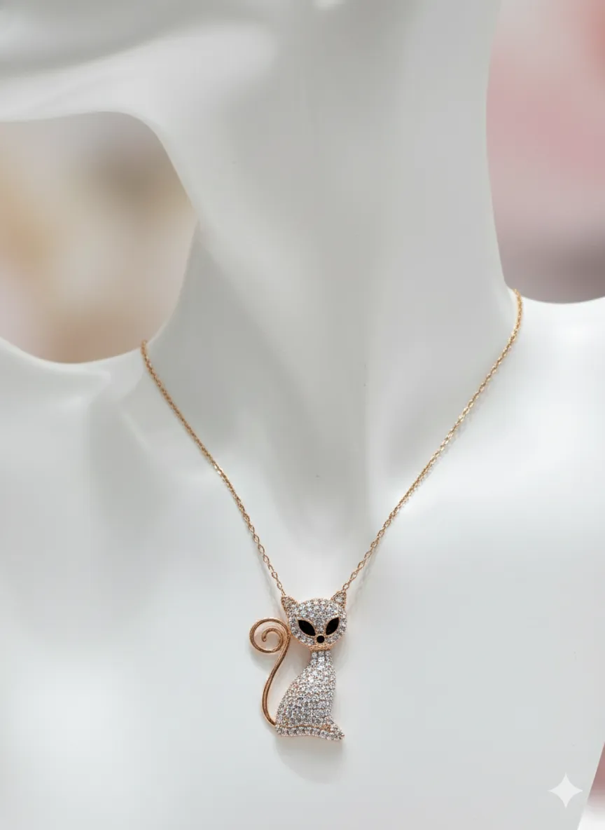 Kedi Figürlü Taşlı Gümüş Kolye