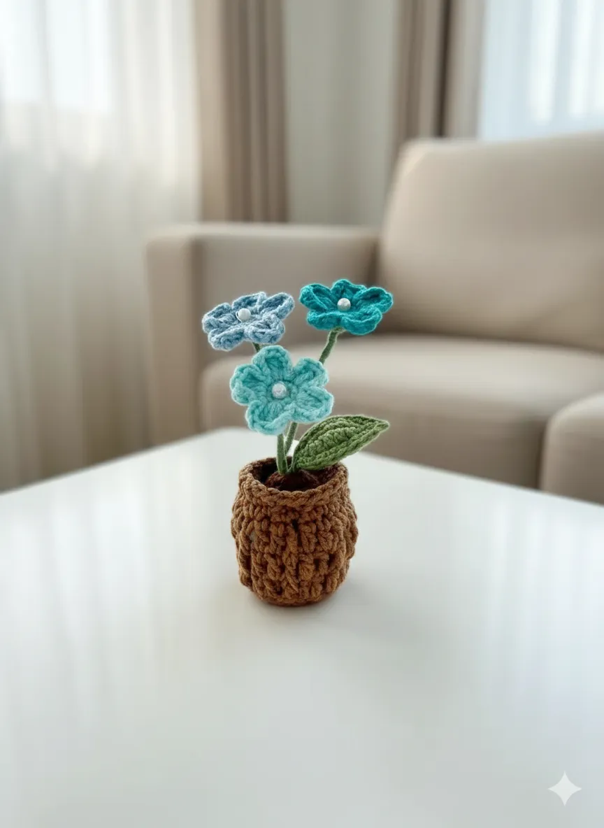 Örgü Mavi Çiçekli Saksı - Öğretmenler Günü Hediyesi - El Emeği