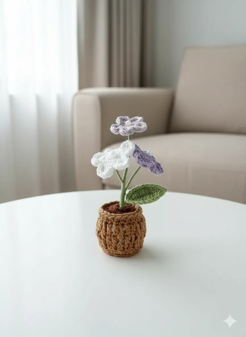 Lila ve Beyaz Tonlarda Örgü Çiçek Aranjmanı - Öğretmenler Günü