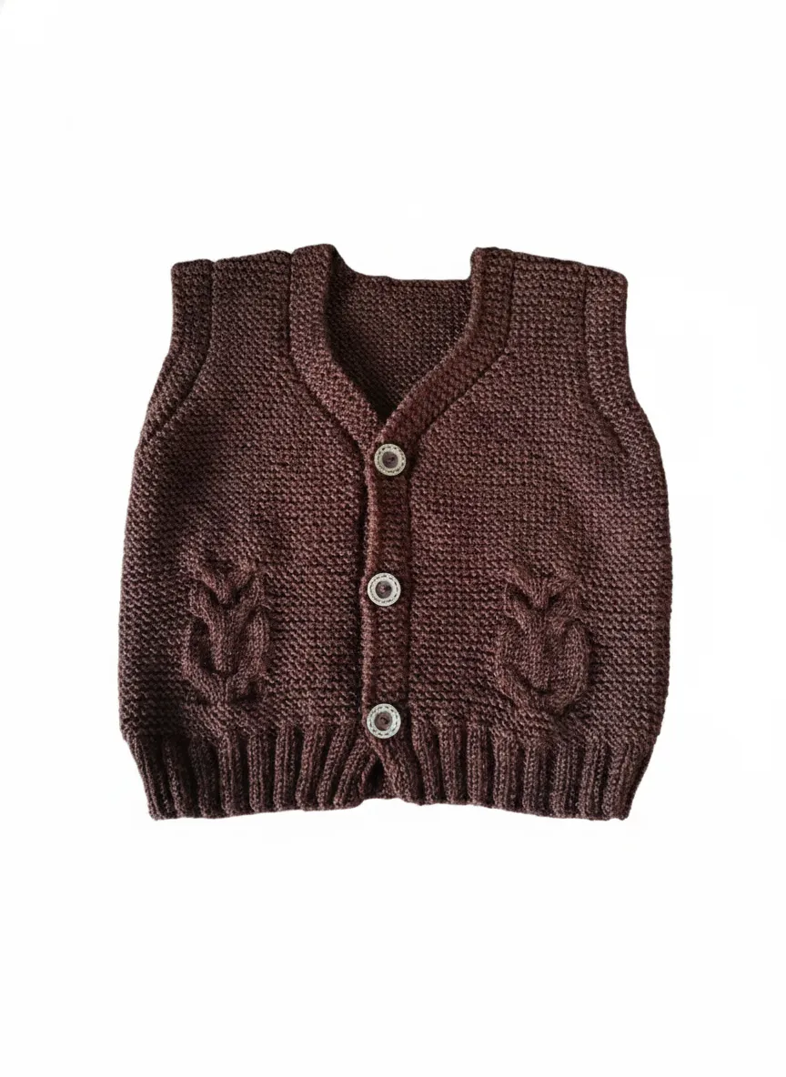 Kahverengi El Örgüsü Erkek Bebek Yeleği – Düğmeli Model