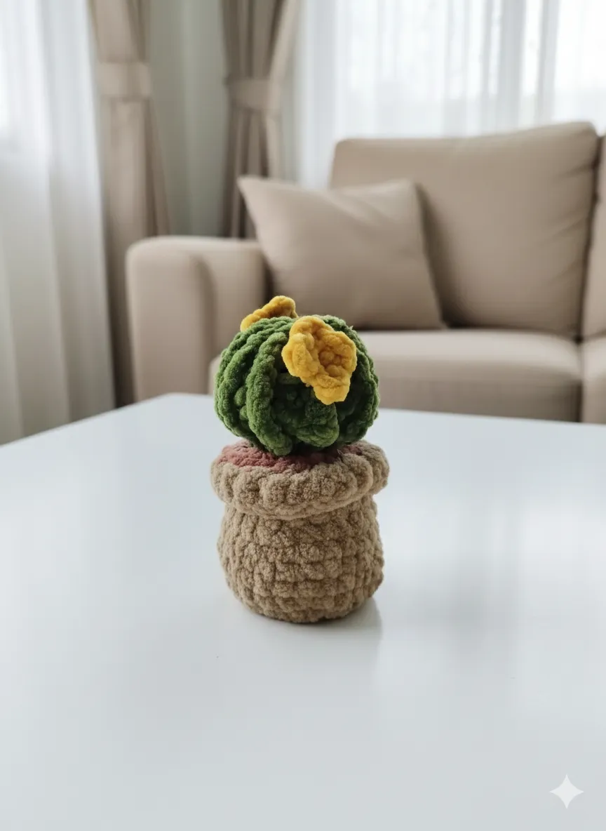 Kadife İplikten El Örgüsü Kaktüs Çiçeği (Saksılı)