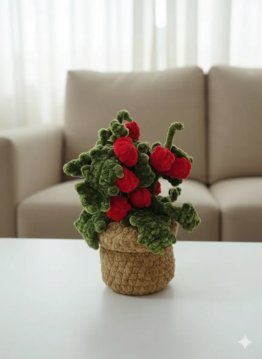 Kadife İpten Örülmüş Yeni Yıl Çiçeği ve Çam Ağacı Seti