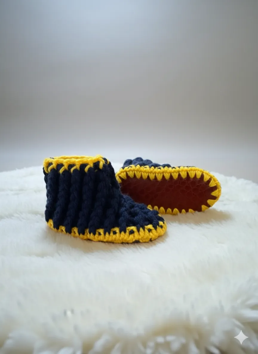 Lacivert Sarı Örgü Bebek Patiği - 18 Numara - El Emeği