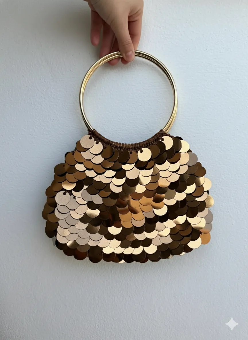 Bakır Tonlu Pullu Halka Saplı El Çantası