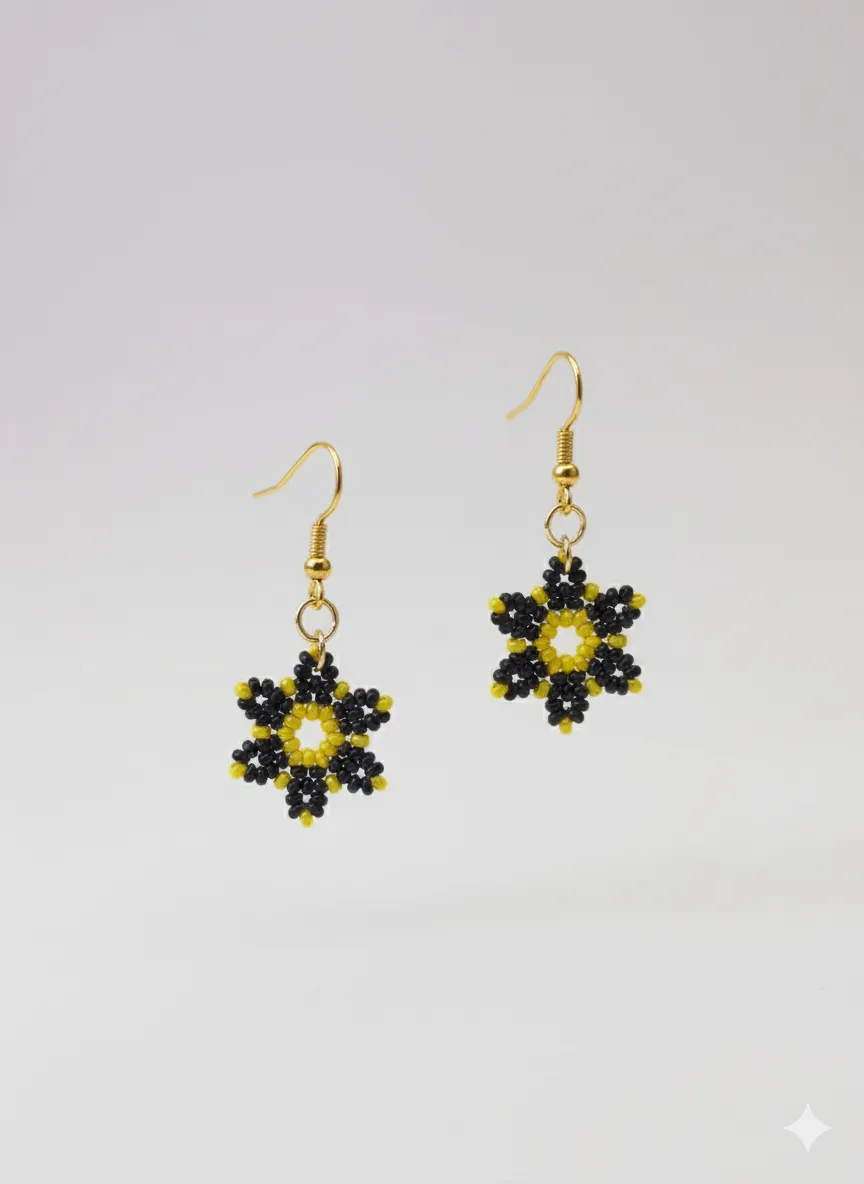 Handmade Miyuki Tarzı Altın Kaplama Kancalı Sarı Siyah Boncuk Küpe