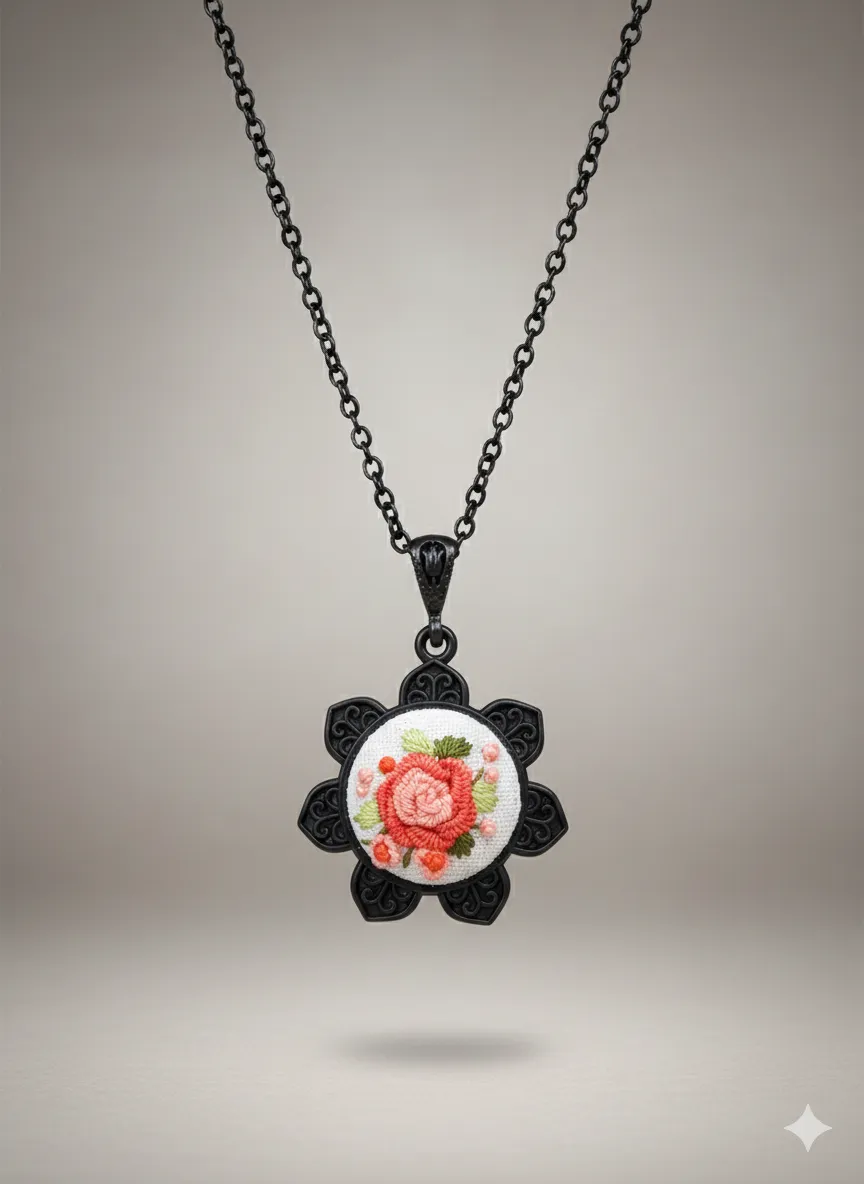 Rokoko Nakışlı Çiçek Kolye – El Yapımı Vintage Model