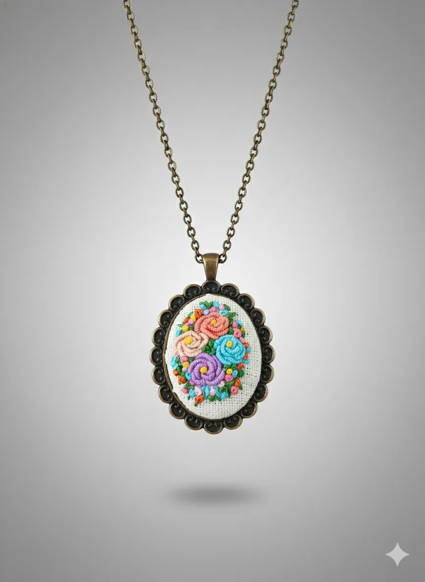 Vintage Rokoko Çiçekli Nakış Kolye – El Yapımı Zarif Tasarım