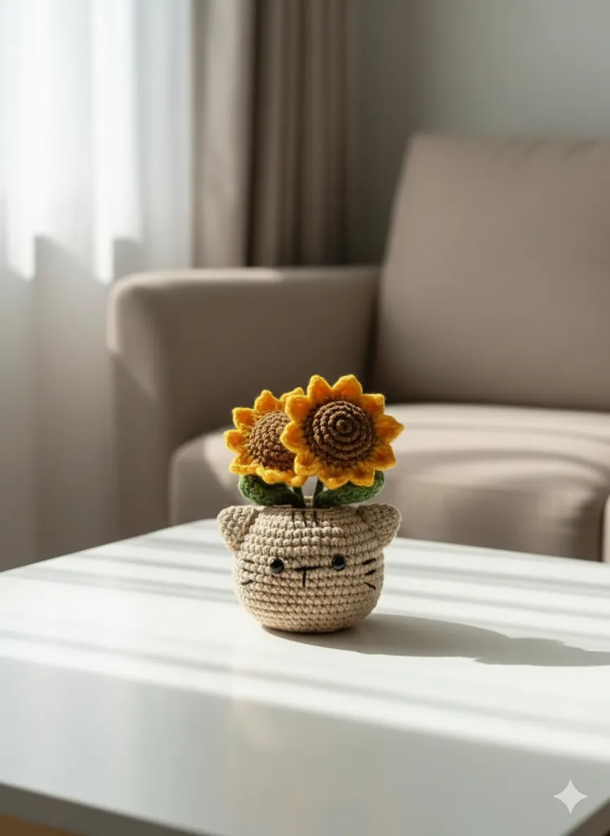 Örgü Ayçiçeği ve Bej Kedili Saksı - El Yapımı Dekoratif Çiçek