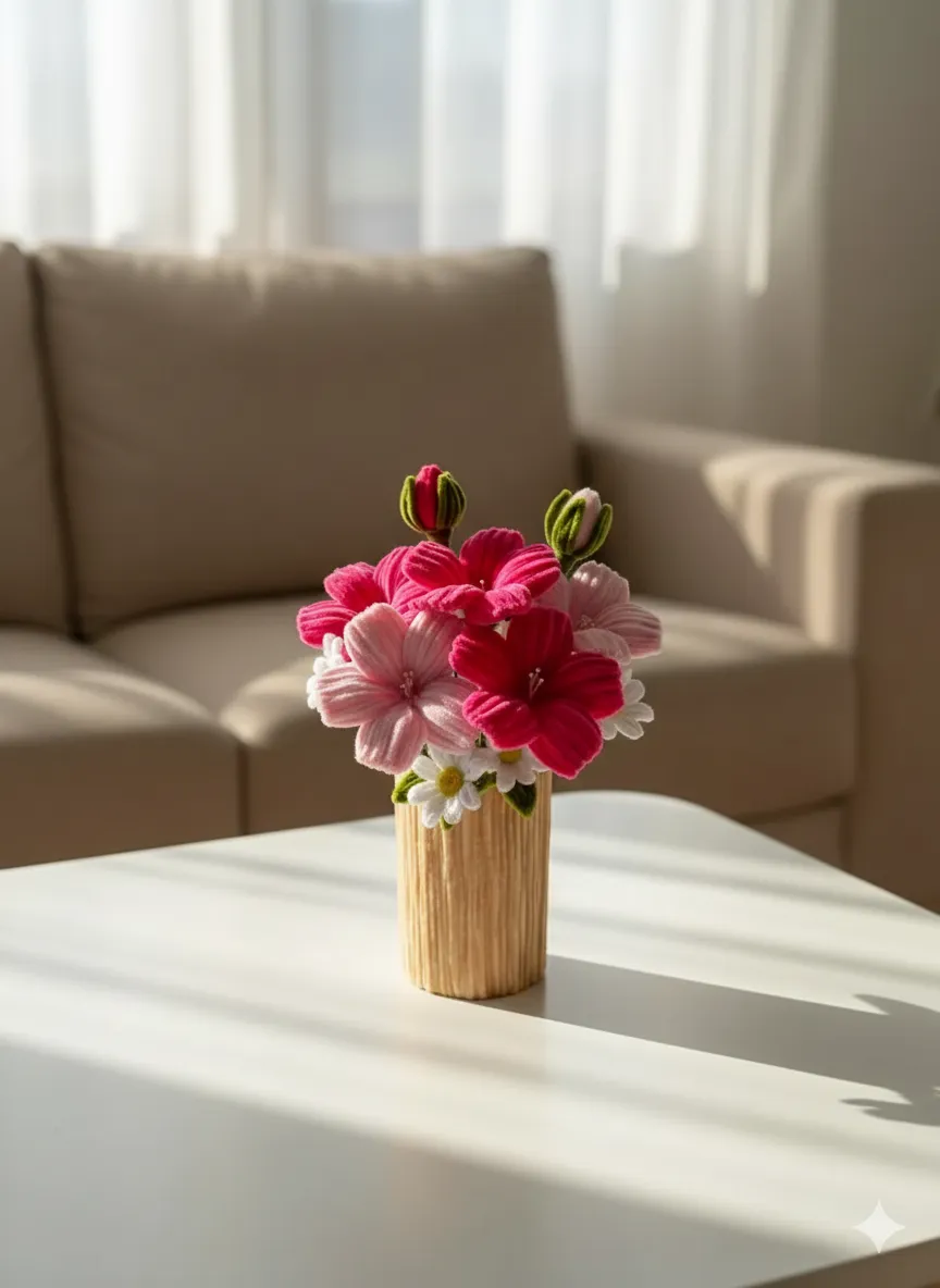 Şönil İpeği Hibiskus Çiçek Aranjmanı - Ahşap Desenli Saksı