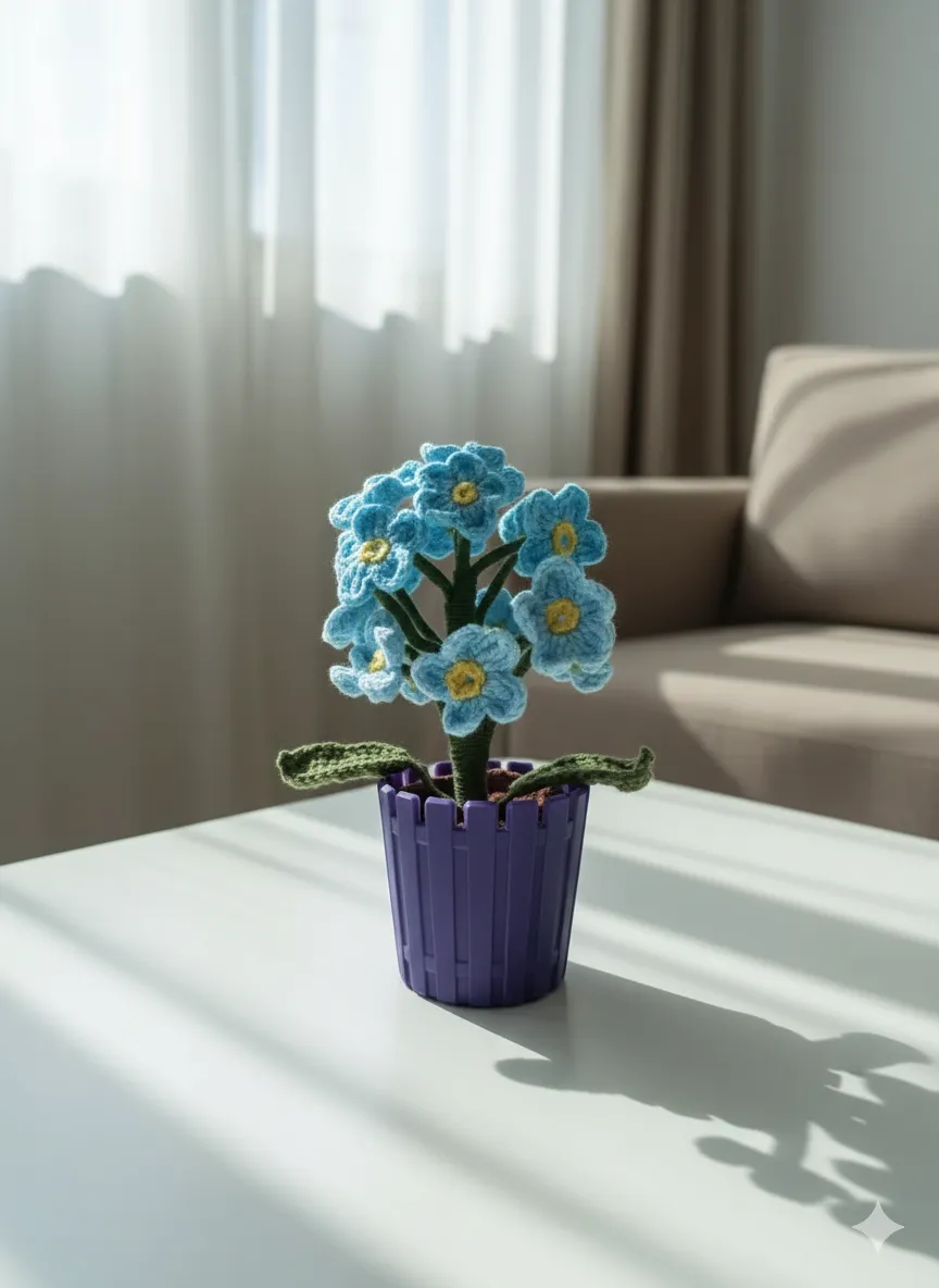 Mor Saksıda Mavi Beni Unutma Çiçeği - Tığ İşi El Yapımı Hediyelik