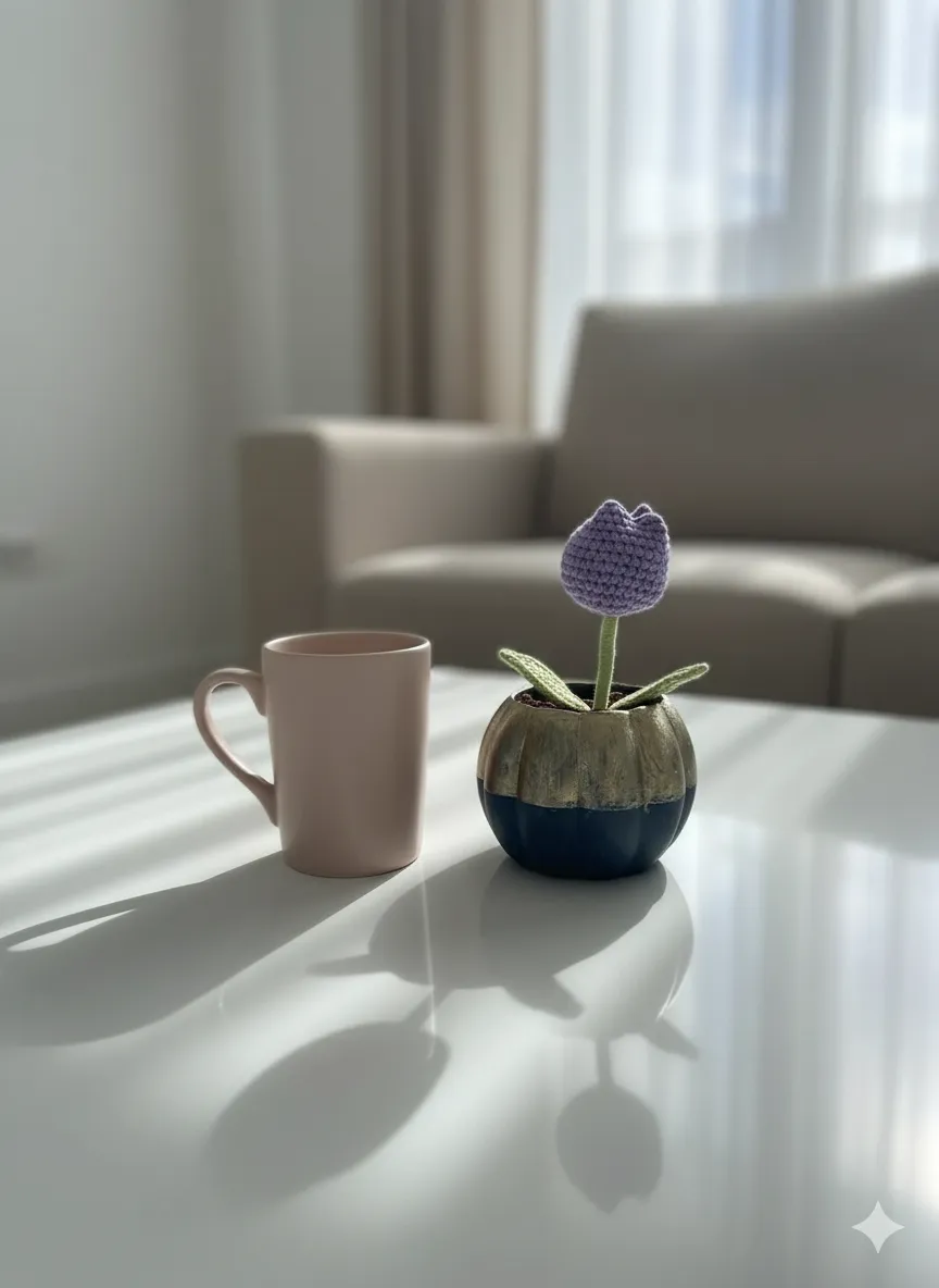 Lila Lale El Örgüsü Çiçekli Bombeli Saksı ve Pembe Kupa Bardak Seti