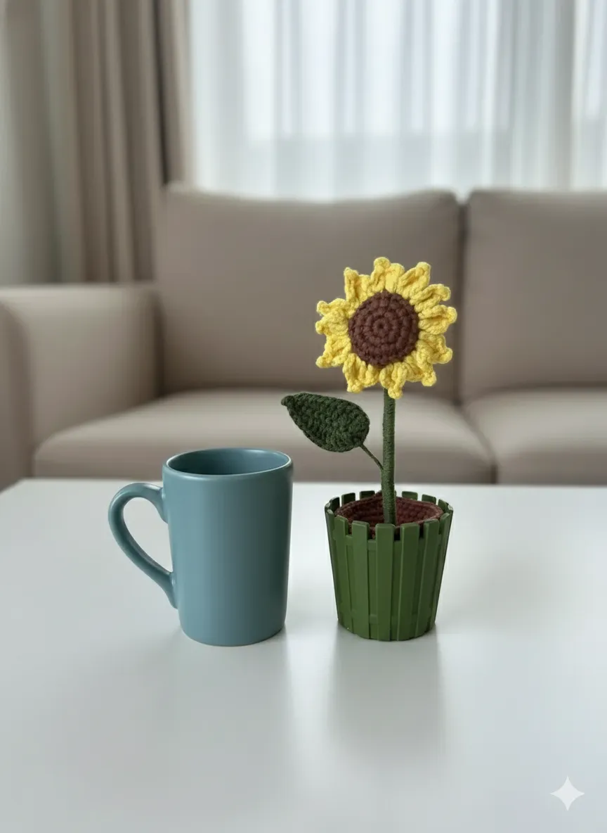 Yeşil Saksıda Örgü Ayçiçeği ve Mavi Kupa Bardak Seti - El Emeği