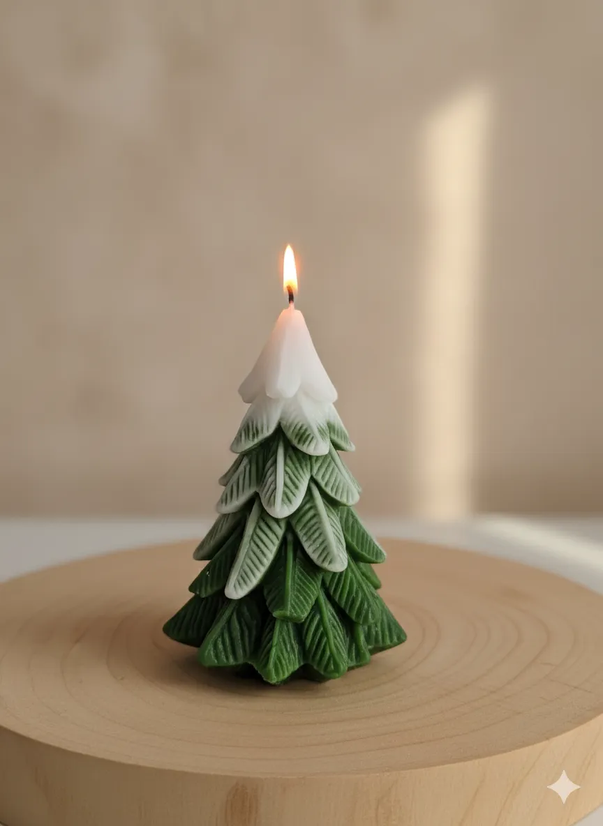 Karlı Yapraklı Çam Dekoratif Mum – Çikolata Kokulu