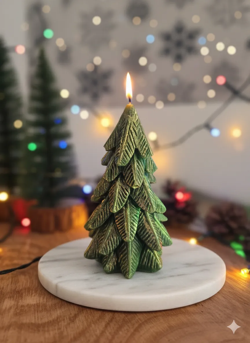 Yapraklı Çam Dekoratif Mum – Gold Işıltılı, Çikolata Kokulu