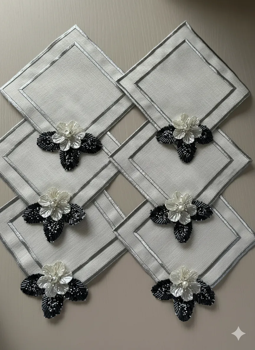 Lacivert Yapraklı Beyaz Çiçekli Kahve Sunum Peçetesi (6’lı Set)