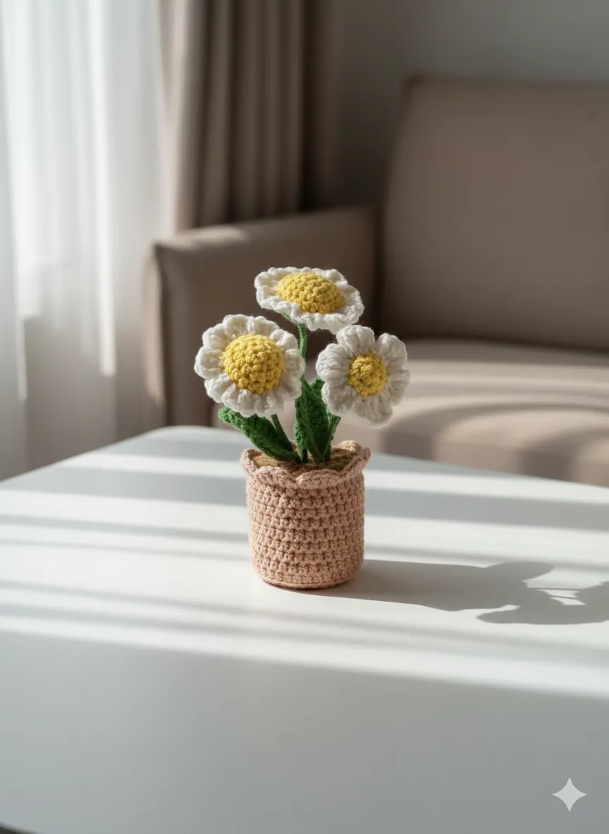 Mini Üçlü Saksıda Papatya – Öğretmenler Günü El Örgüsü Hediye 🌼