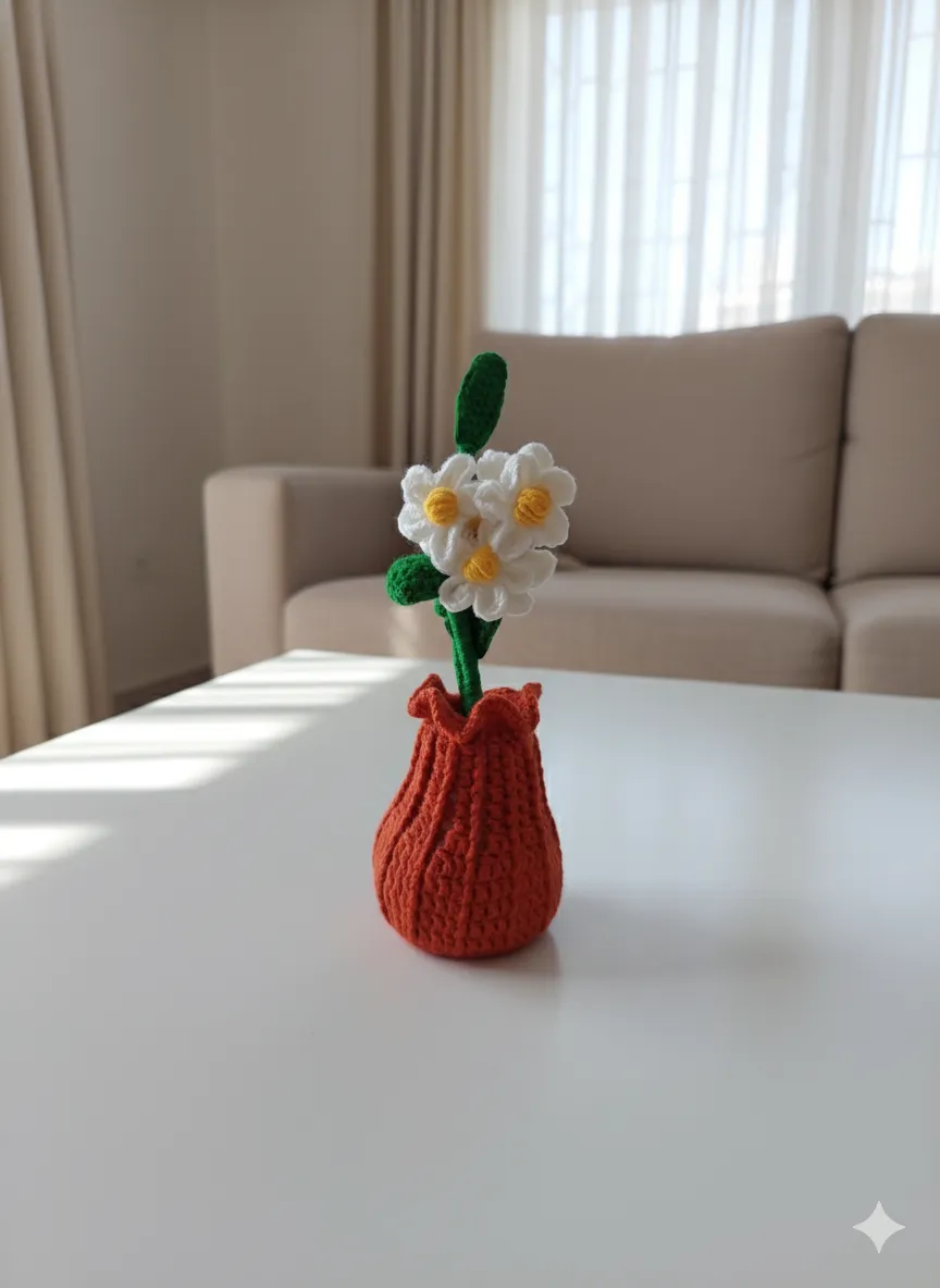 Turuncu Örgü Tulip Vazo ve Beyaz Papatyalar - El Emeği Dekoratif