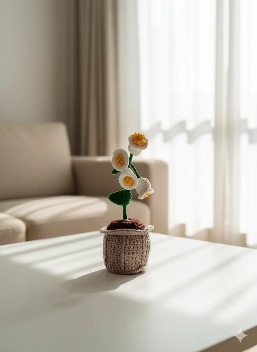 Beyaz Örgü Çiçekler Kahverengi Saksıda - El Yapımı Dekoratif Hediyelik