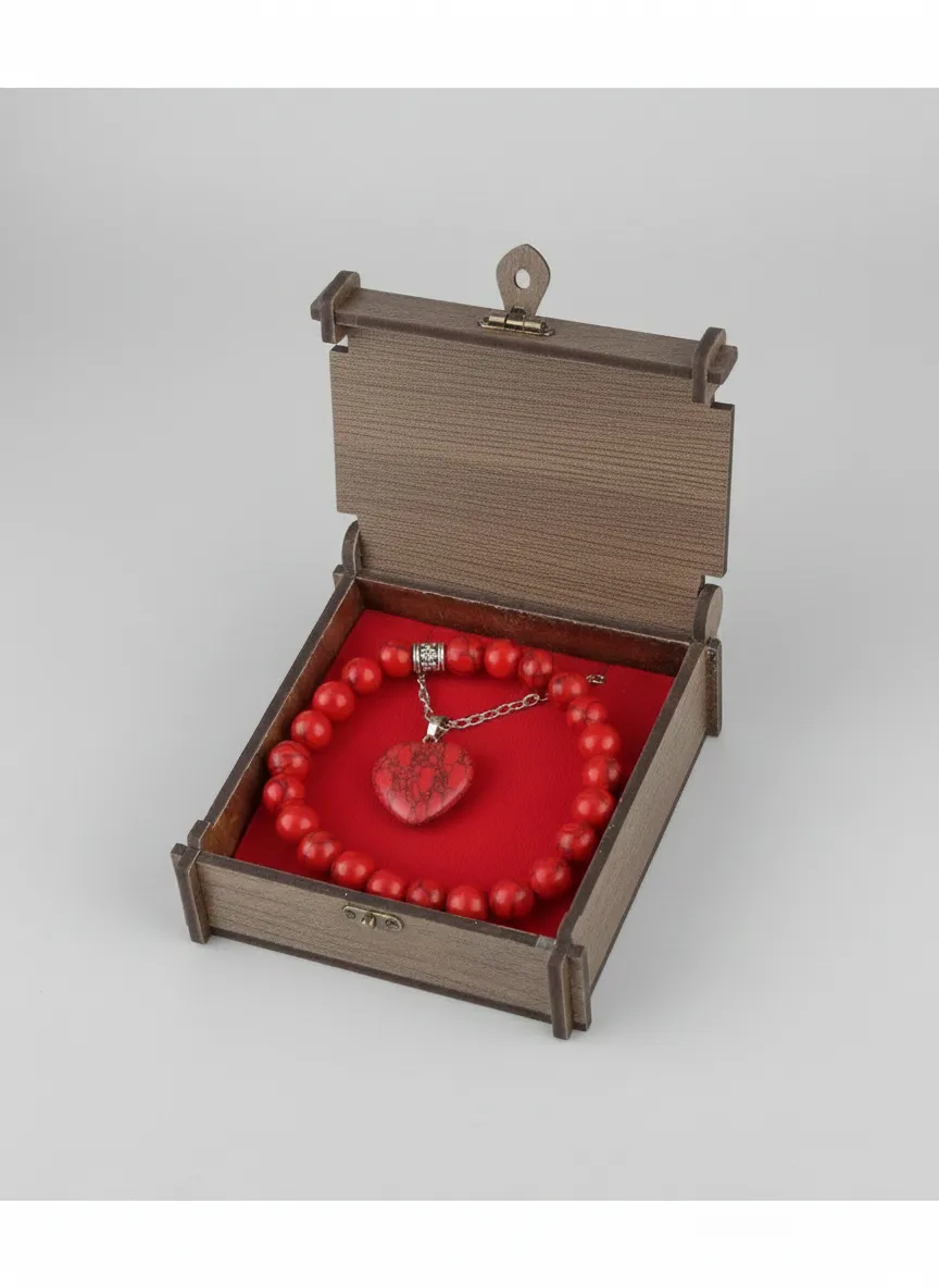 Mercan Doğal Taş Bileklik ve Kolye Seti – Şık Ahşap Kutusunda Özel Tasarım