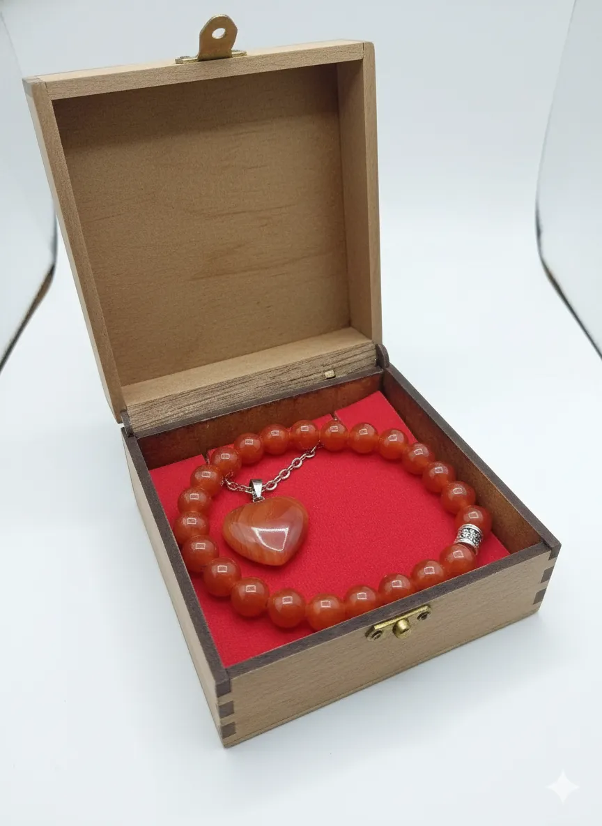 Akik Doğal Taş Bileklik ve Kolye Seti – Özel Ahşap Kutusunda Enerji Dolu Şık Hediye