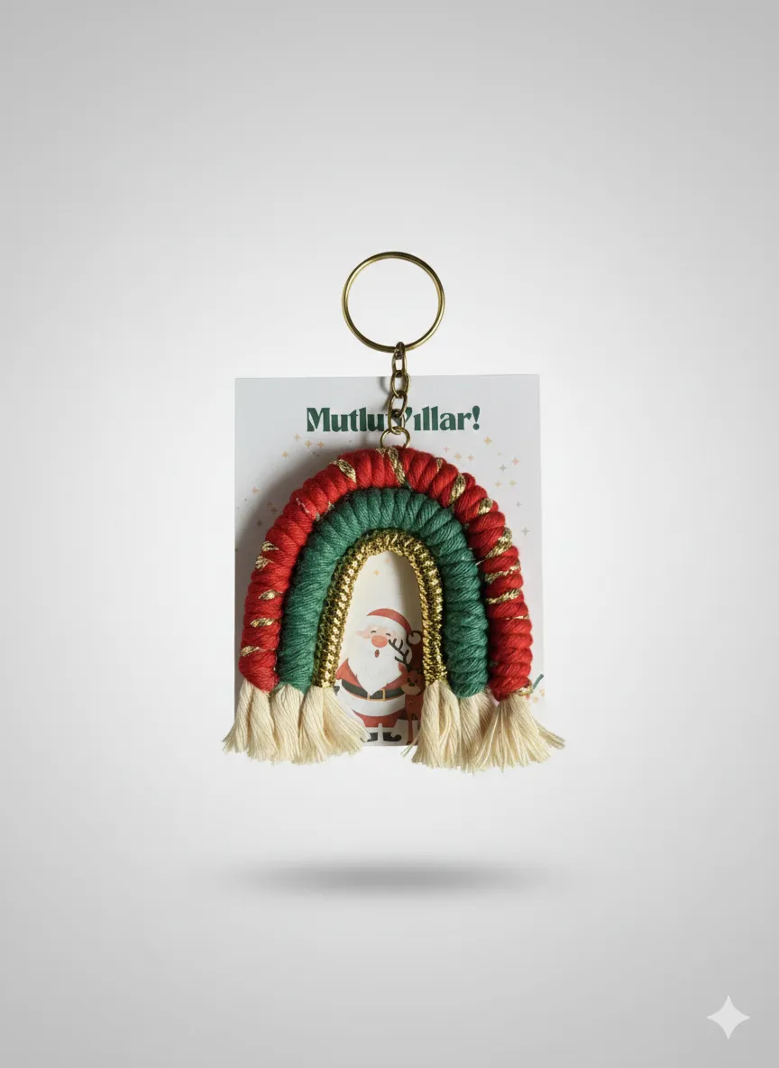 Yılbaşı Temalı Gökkuşağı Örgü Anahtarlık – El Yapımı Püsküllü Tasarım