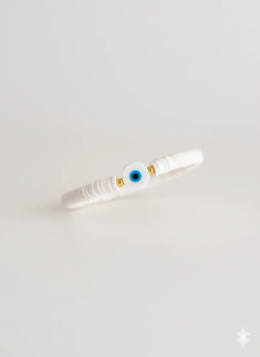 Beyaz Nazar Boncuklu Minimal Bileklik – Ayarlanabilir El Yapımı Tasarım