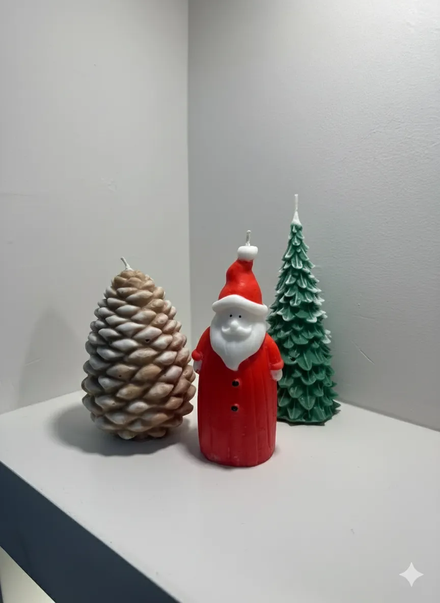 Kozalak Çam Ağacı ve Noel Baba 3’lü Dekoratif Mum Seti