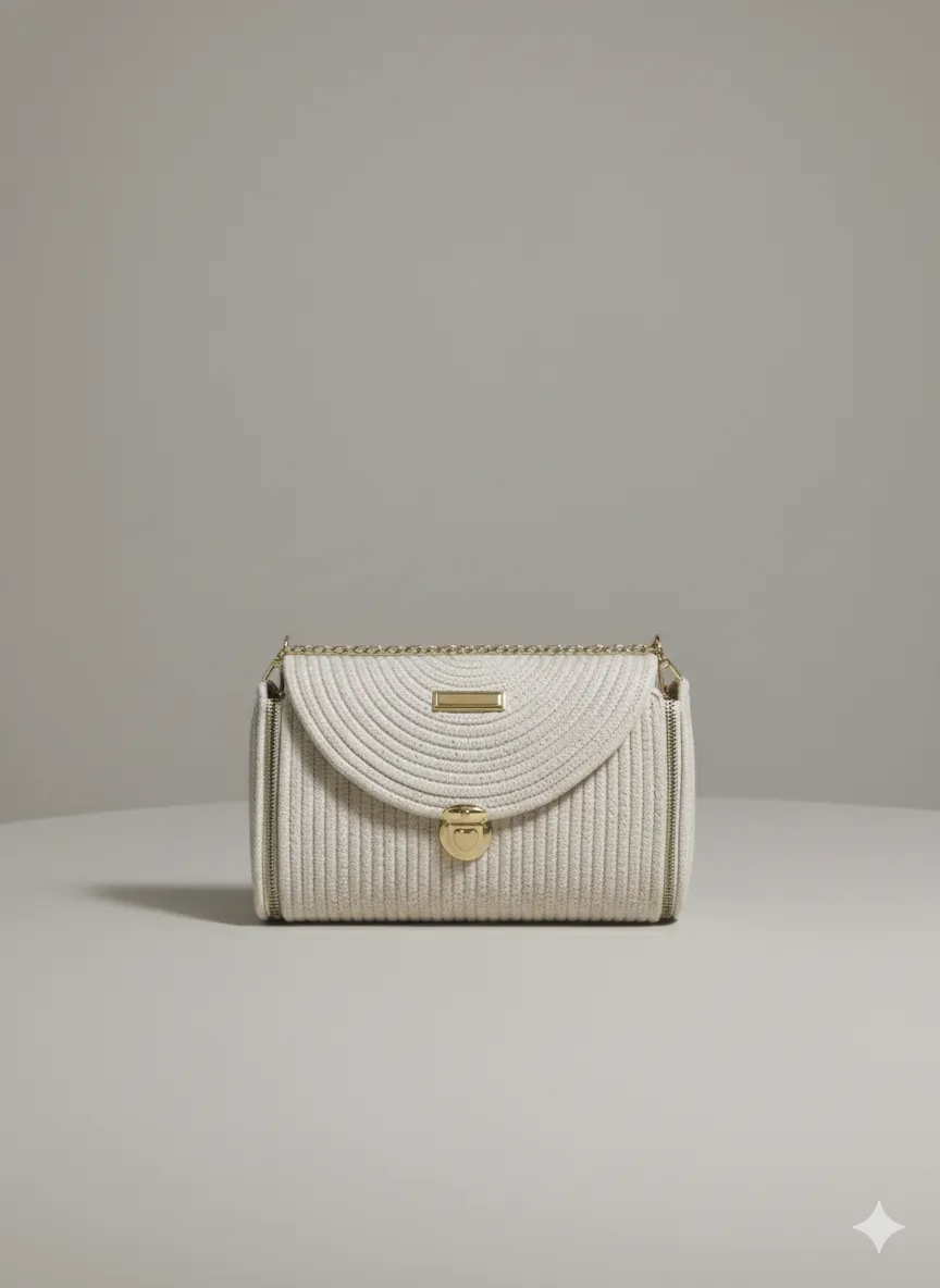 Zarif Krem Renk Silindir Tasarım Kadın Omuz Çantası – Gold Detaylı Şık Model