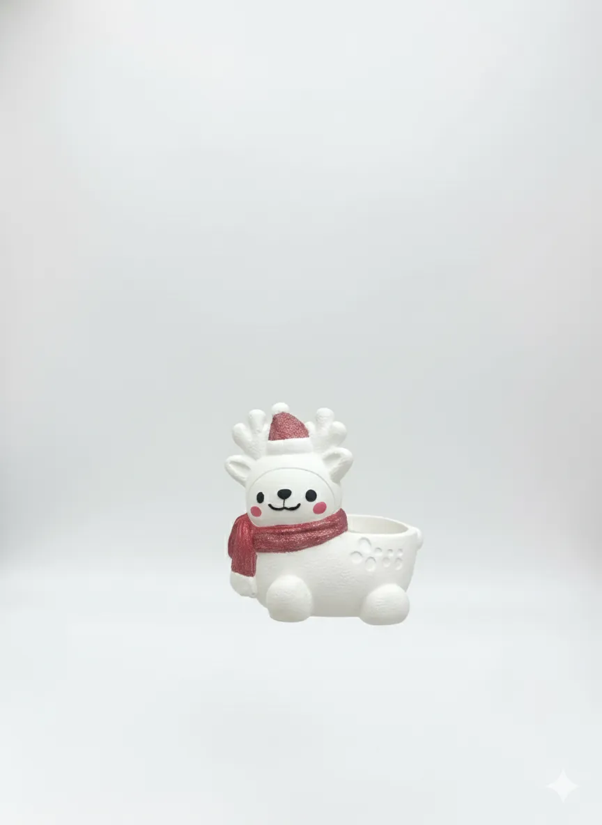 Sevimli Geyik Tasarımlı Simli Kırmızı Dekoratif Mumluk - El Yapımı