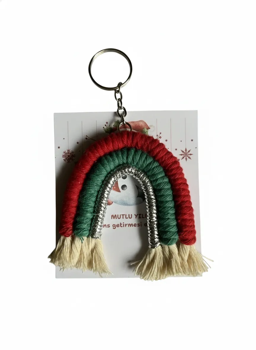 El Yapımı Makrome Gökkuşağı Anahtarlık – Yılbaşı Temalı Dekoratif ve Hediyelik Aksesuar