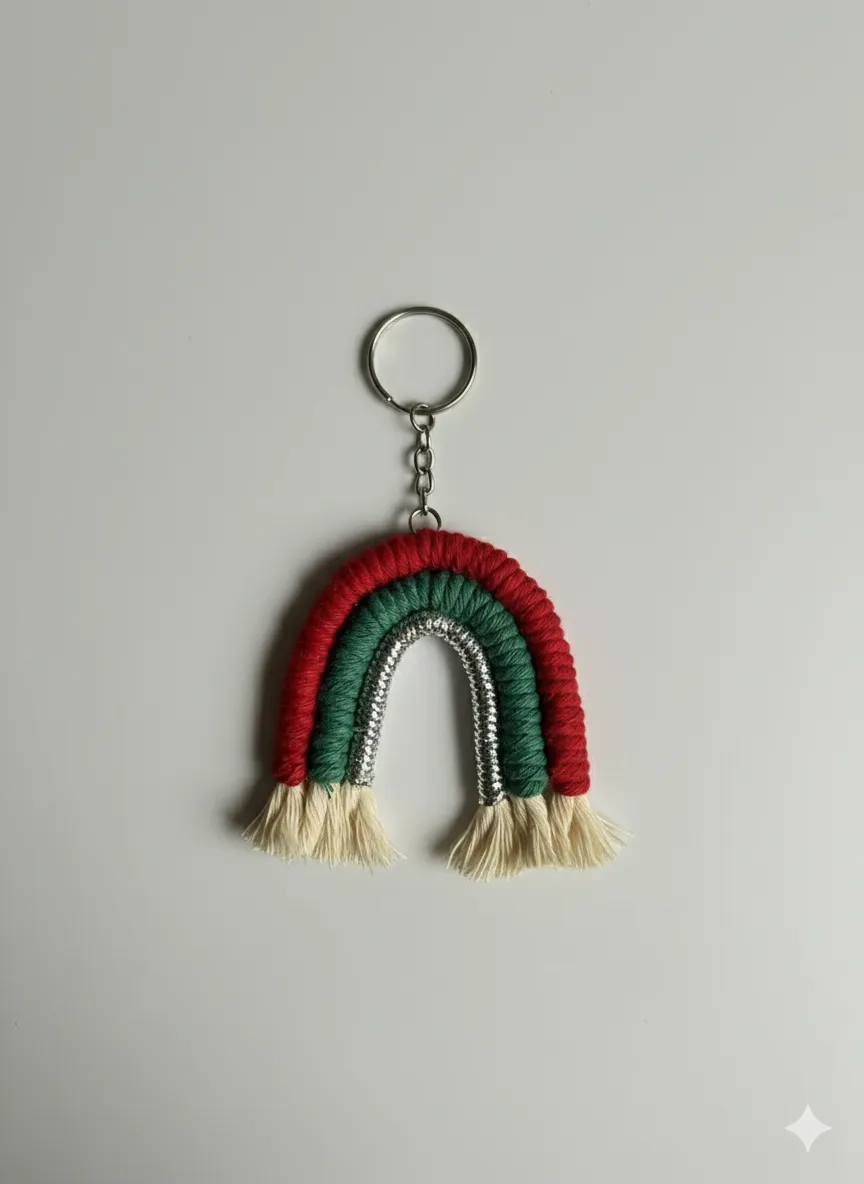 El Yapımı Makrome Gökkuşağı Anahtarlık – Yılbaşı Temalı Dekoratif ve Hediyelik Aksesuar