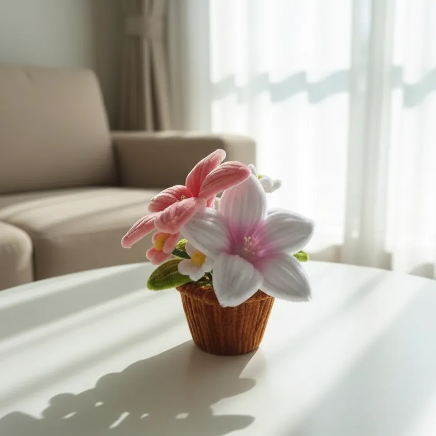 Pembe ve Beyaz Şönil İplikten Zambak Çiçeği Saksı - El Yapımı