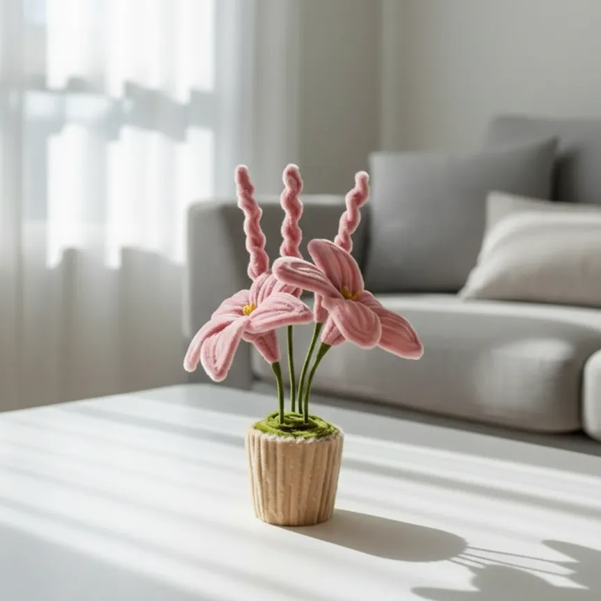 Şönil Pembe Zambak ve Lavanta Aranjmanı - El Emeği Dekoratif Çiçek