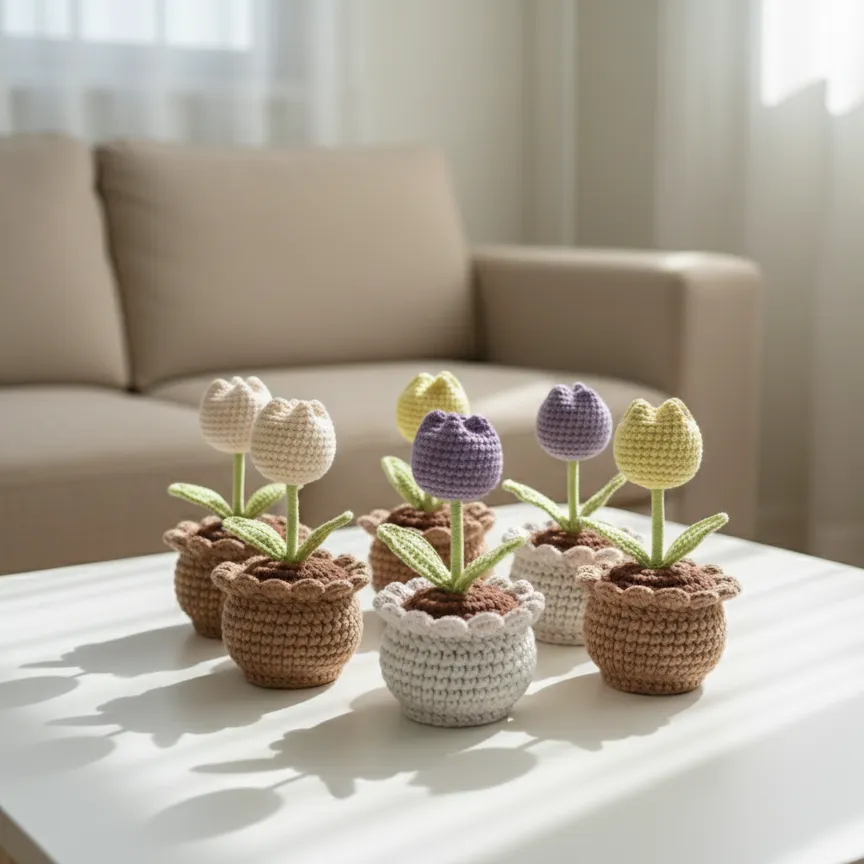 Örgü Saksıda Renkli Lale Buketi - 6 Adet El Emeği Dekoratif Çiçek