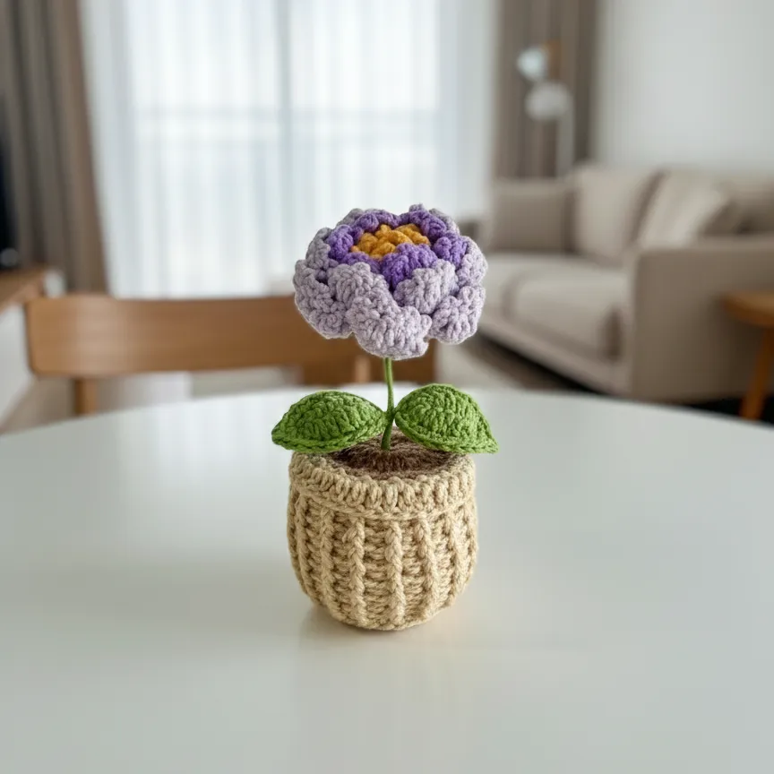 Mor Şakayık Çiçekli Örgü Saksı - Dekoratif El Yapımı Hediye