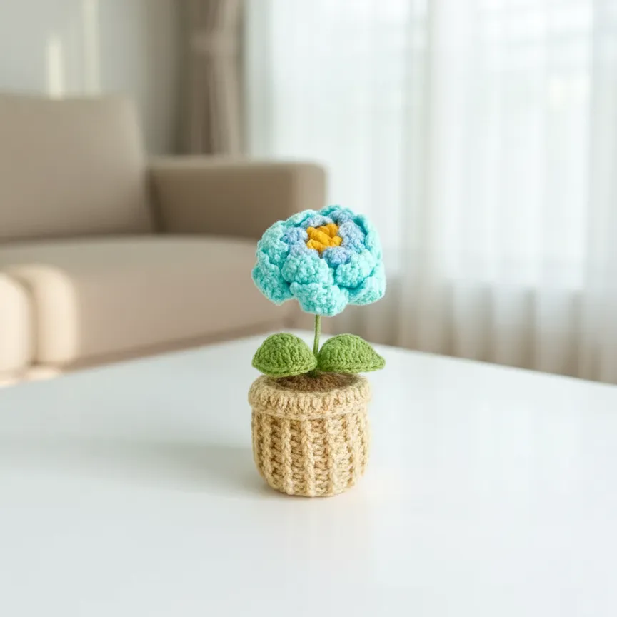 Mavi Şakayık Çiçekli Örgü Saksı - Dekoratif El Emeği