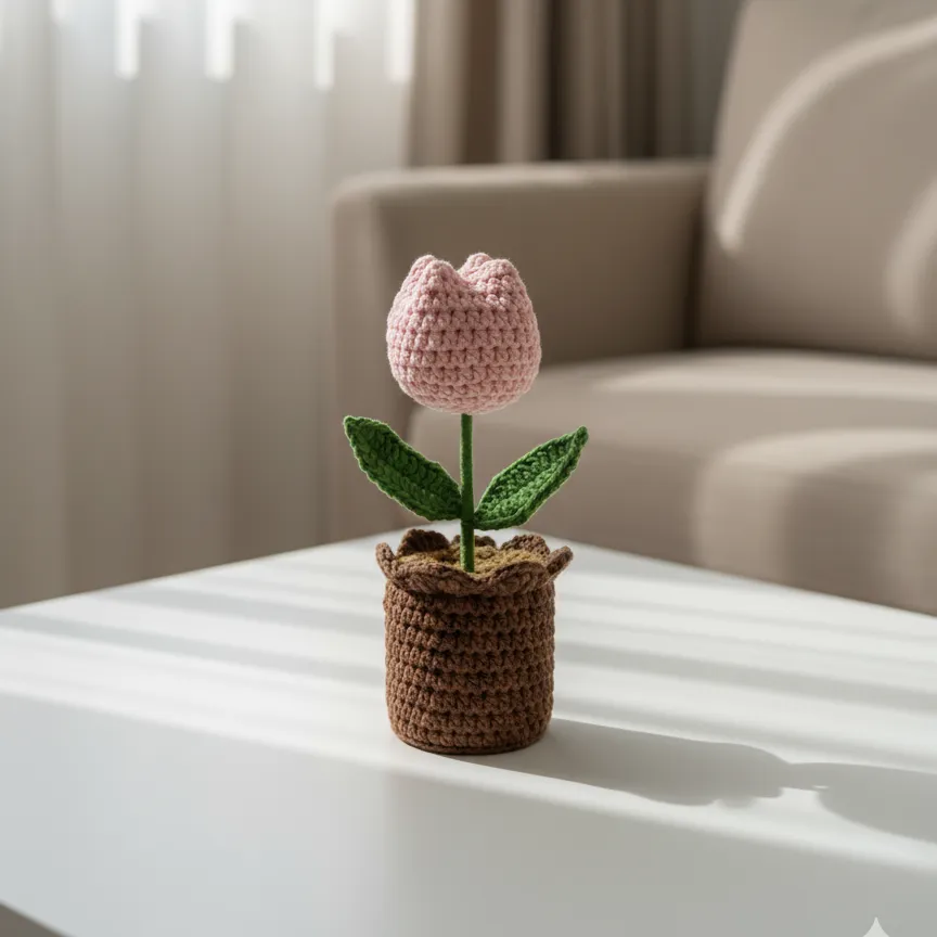 El Örgüsü Tek Pembe Lale – Mini Saksıda Öğretmenler Günü Hediyesi