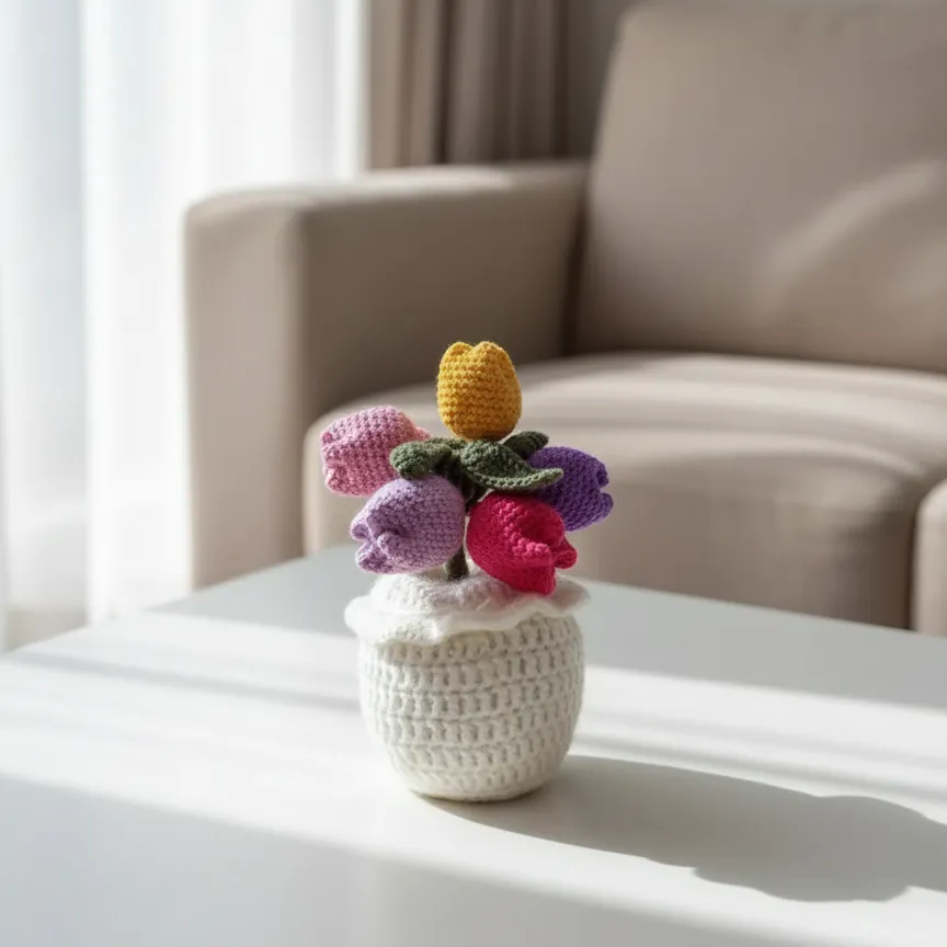 Renkli Örgü Laleler ve Beyaz Saksı - Dekoratif El Yapımı Çiçek Buketi