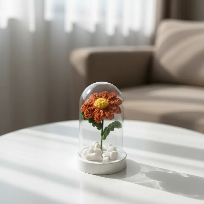 Örgü Turuncu Papatya Tasarımlı Mini Fanus - Dekoratif Hediyelik