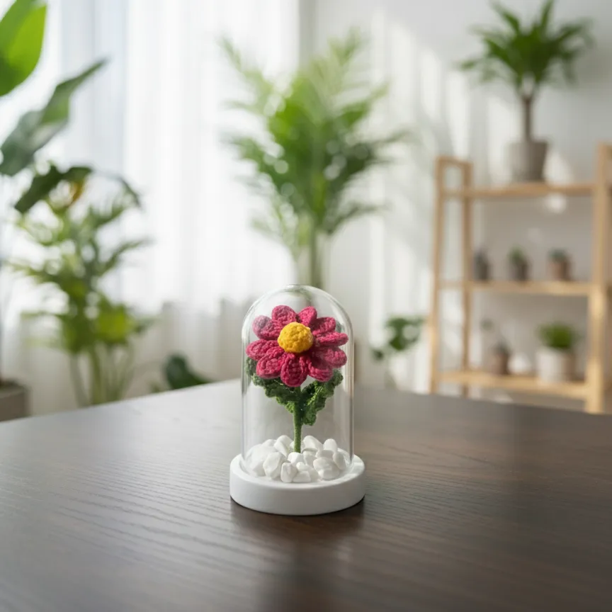 Fanus İçinde Fuşya Örgü Papatya Dekoratif Obje - El Emeği