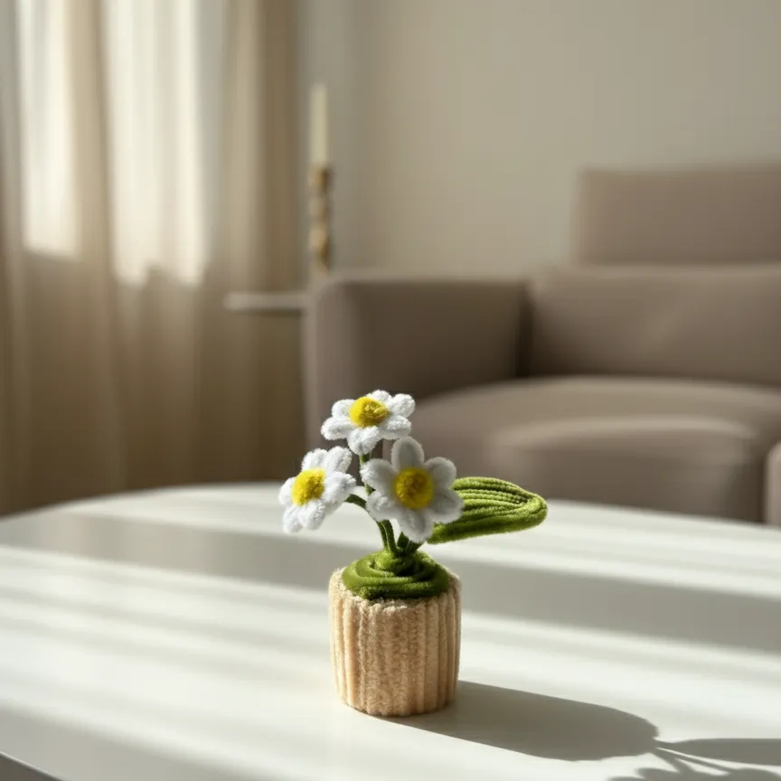 Şönil İpliği Beyaz Papatya Demeti - Mini Klasik Saksıda El Yapımı