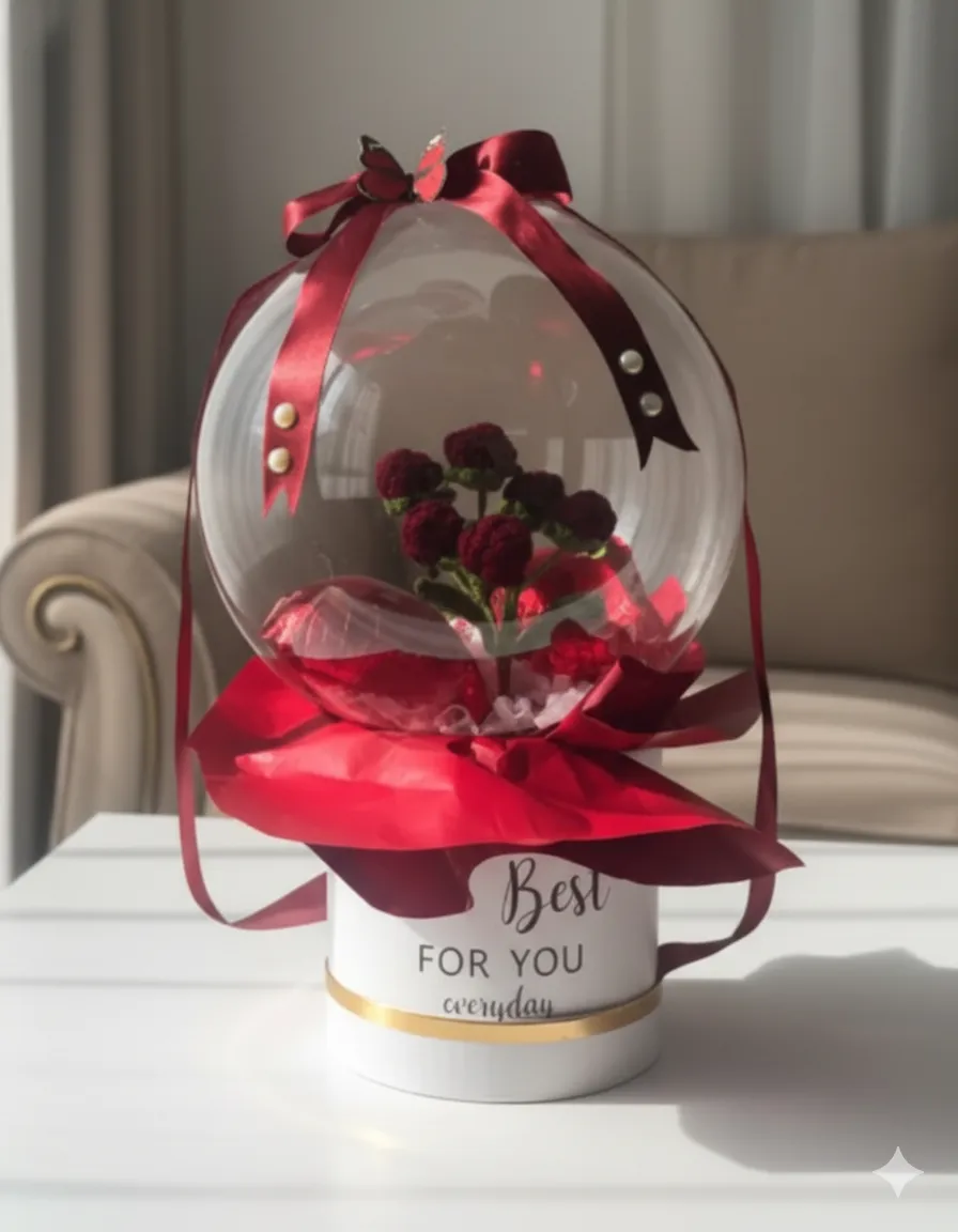 Kırmızı Örgü Gül Buketi Bobo Balon Aranjmanı - El Emeği