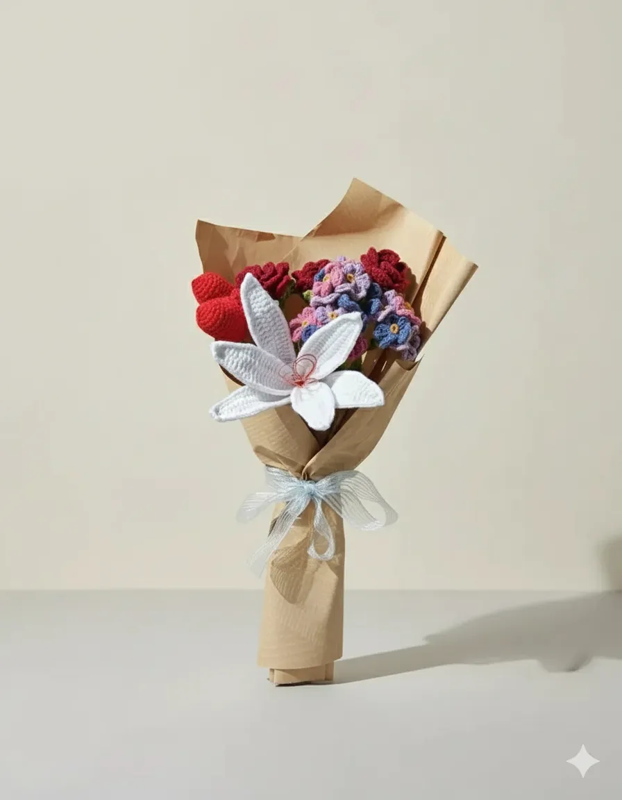 Tığ İşi Örgü Çiçek Buketi - Dekoratif El Yapımı Hediyelik