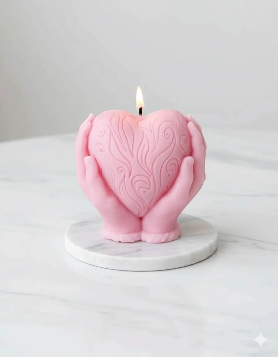 Avuç İçi Kalp Mum | El Figürlü Kabartma Desenli Pembe Dekoratif Mum