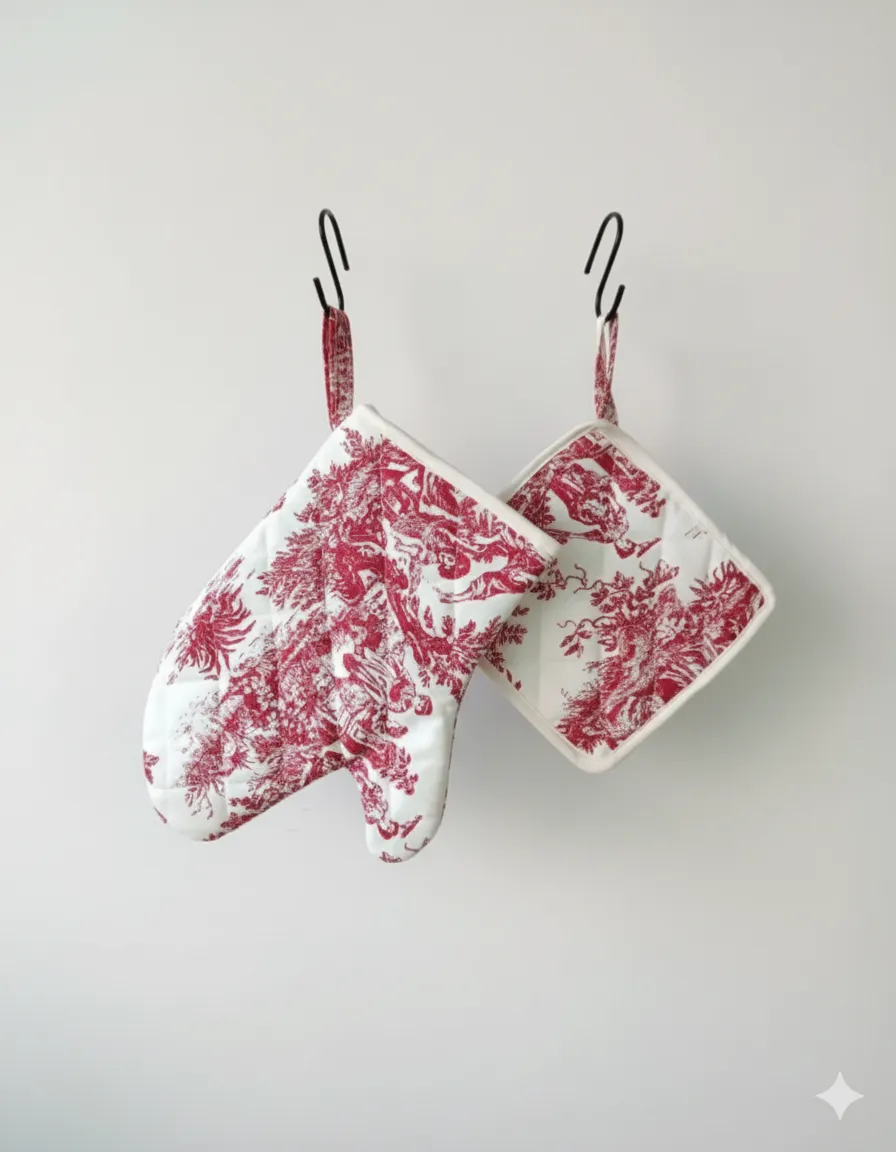 Kırmızı Vintage Desenli Fırın Eldiveni ve Tutacak Seti 