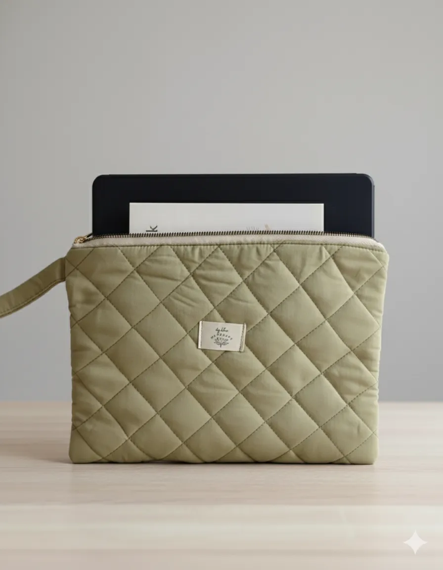 Açık Yeşil Kapitone Keten Tablet ve Portföy Çantası