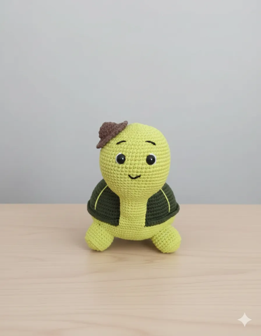 Yeşil Amigurumi Kaplumbağa Oyuncak Bebek - Pamuk İp ve Boncuk Elyaf Dolgulu