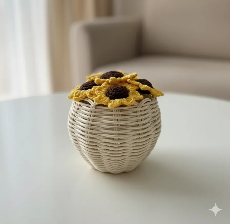 Örgü Ayçiçeği Buketi - Rattan Saksıda Pamuk İpten El Yapımı